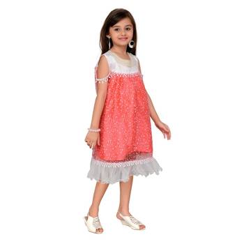 Red plain net kids frock 4