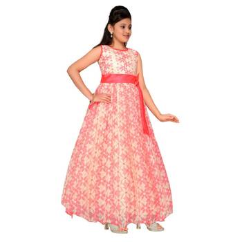 Pink printed net kids gown 3