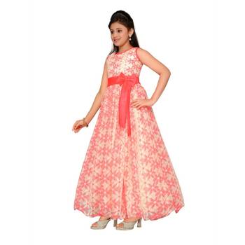 Pink printed net kids gown 4