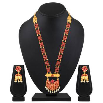 Graceful Gold Plated Red Stone Rope Style Necklace Set For Women 1