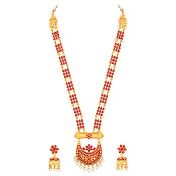 Graceful Gold Plated Red Stone Rope Style Necklace Set For Women 2