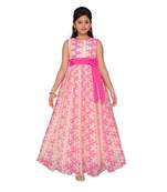 Pink printed net kids gown