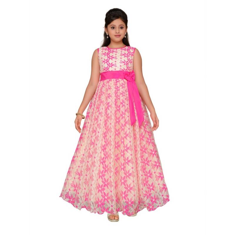 Pink printed net kids gown