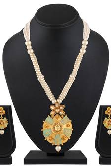 Rajwadi Style Enamel Work Gold Plated Lct Stone Matinee Style Necklace Set For Women