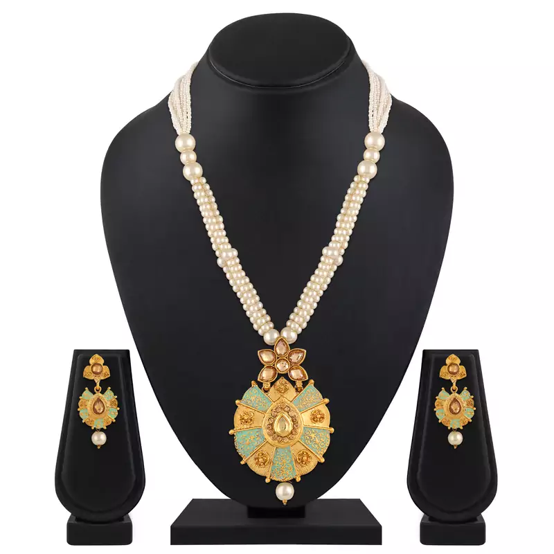 Rajwadi Style Enamel Work Gold Plated Lct Stone Matinee Style Necklace Set For Women