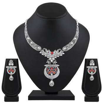 Excellent Designer Silver Plated Red & White Stone Choker Necklace Set For Women 1