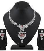 Excellent Designer Silver Plated Red & White Stone Choker Necklace Set For Women