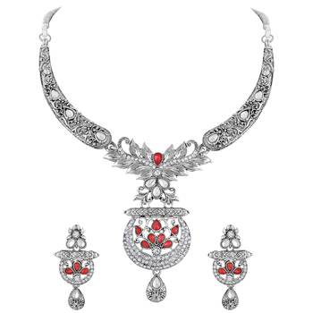 Excellent Designer Silver Plated Red & White Stone Choker Necklace Set For Women 2