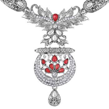 Excellent Designer Silver Plated Red & White Stone Choker Necklace Set For Women 3