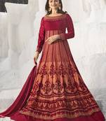 Dark-red embroidered net salwar with dupatta