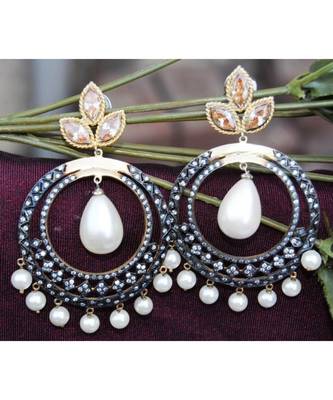 Three Leaf Champagne Diamond Pearl Drop Dangler Earrings 1