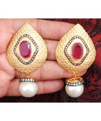 Ruby Studded Gold Dangler Earrings with Pearl Drop 1