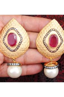 Ruby Studded Gold Dangler Earrings with Pearl Drop