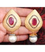 Ruby Studded Gold Dangler Earrings with Pearl Drop