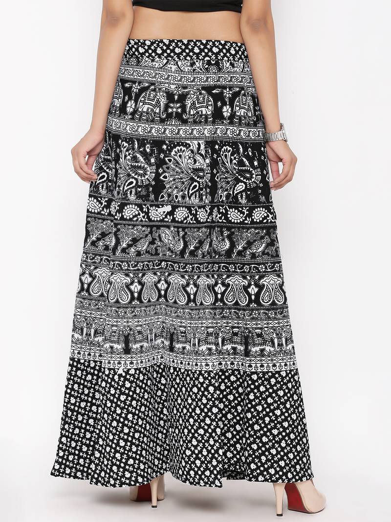 Black Cotton Printed Wrap Around Skirt