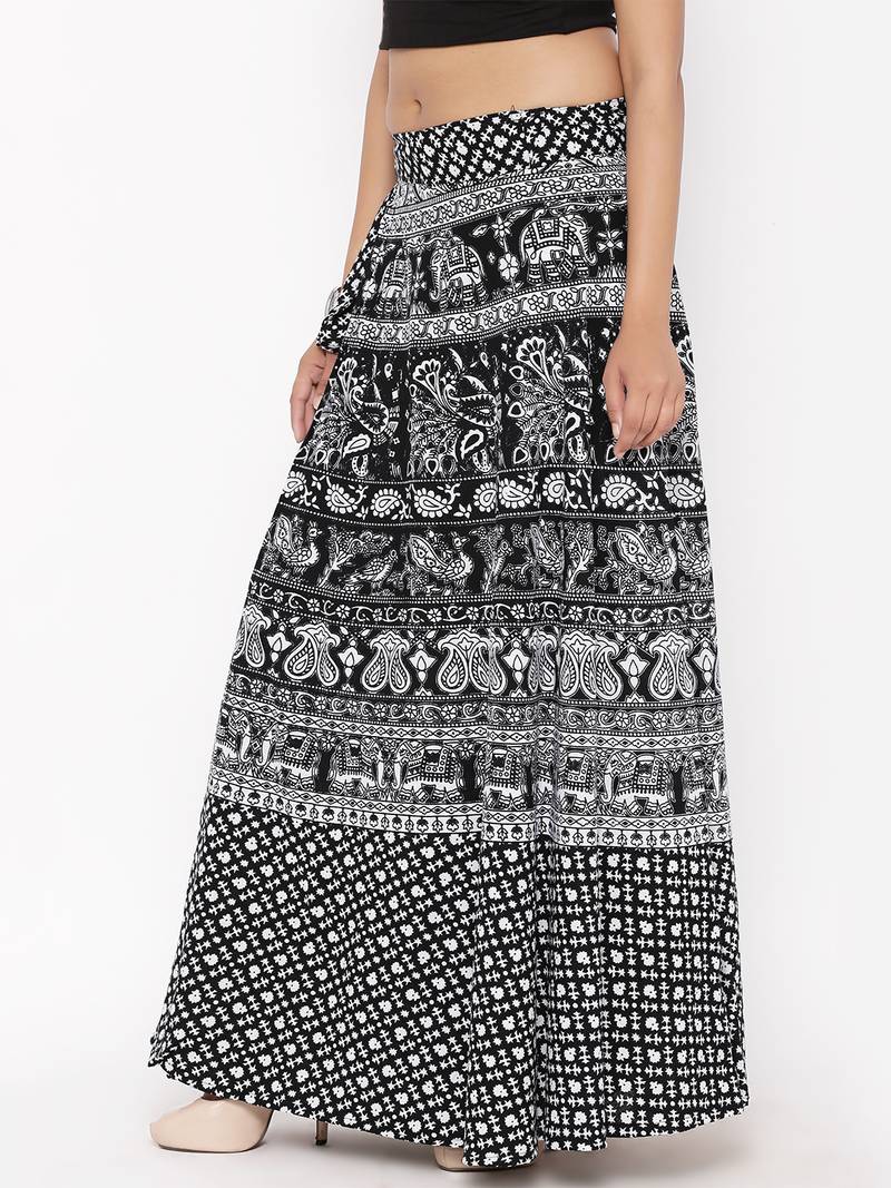 Black Cotton Printed Wrap Around Skirt