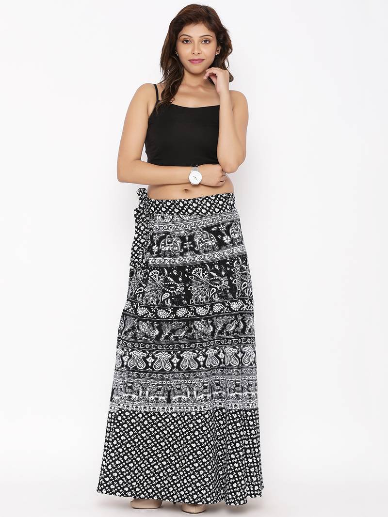 Black Cotton Printed Wrap Around Skirt