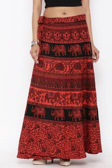 Red Cotton Printed Wrap Around Skirt