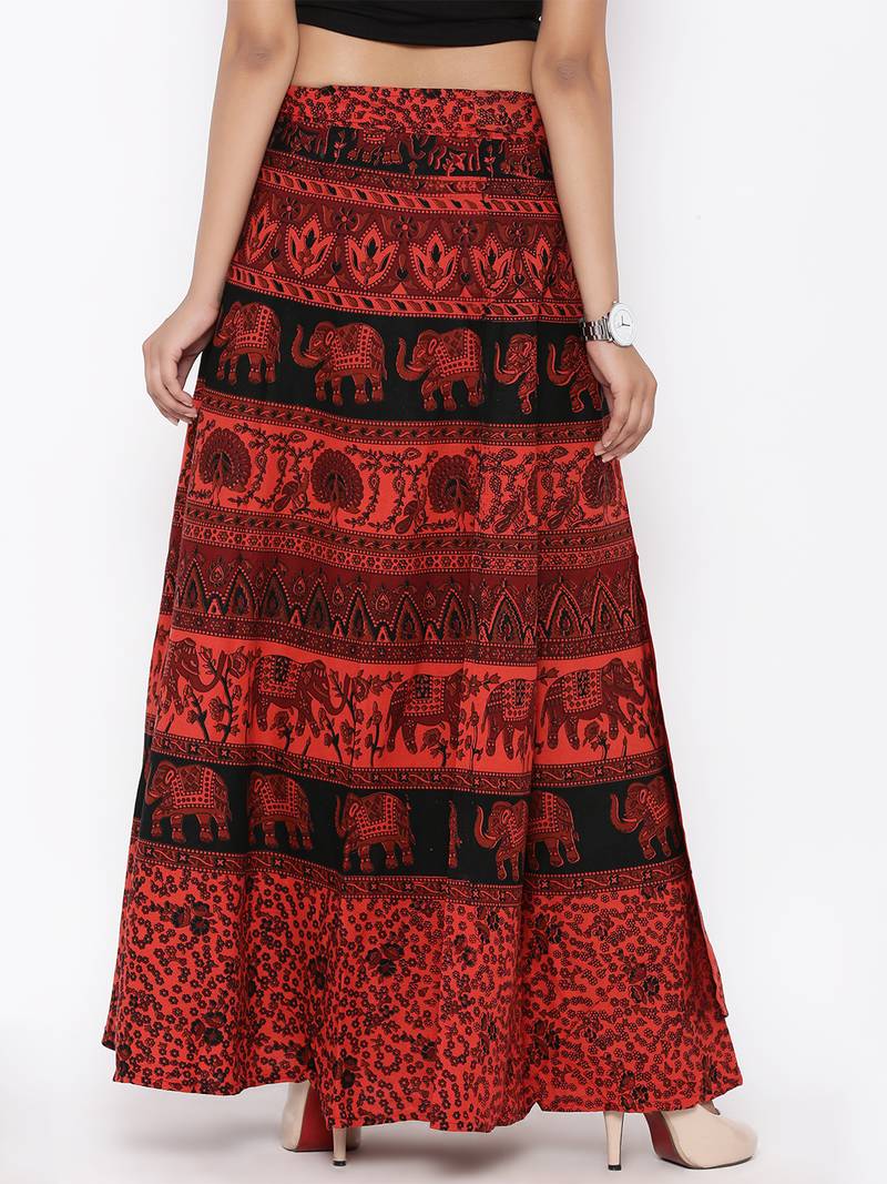 Red Cotton Printed Wrap Around Skirt
