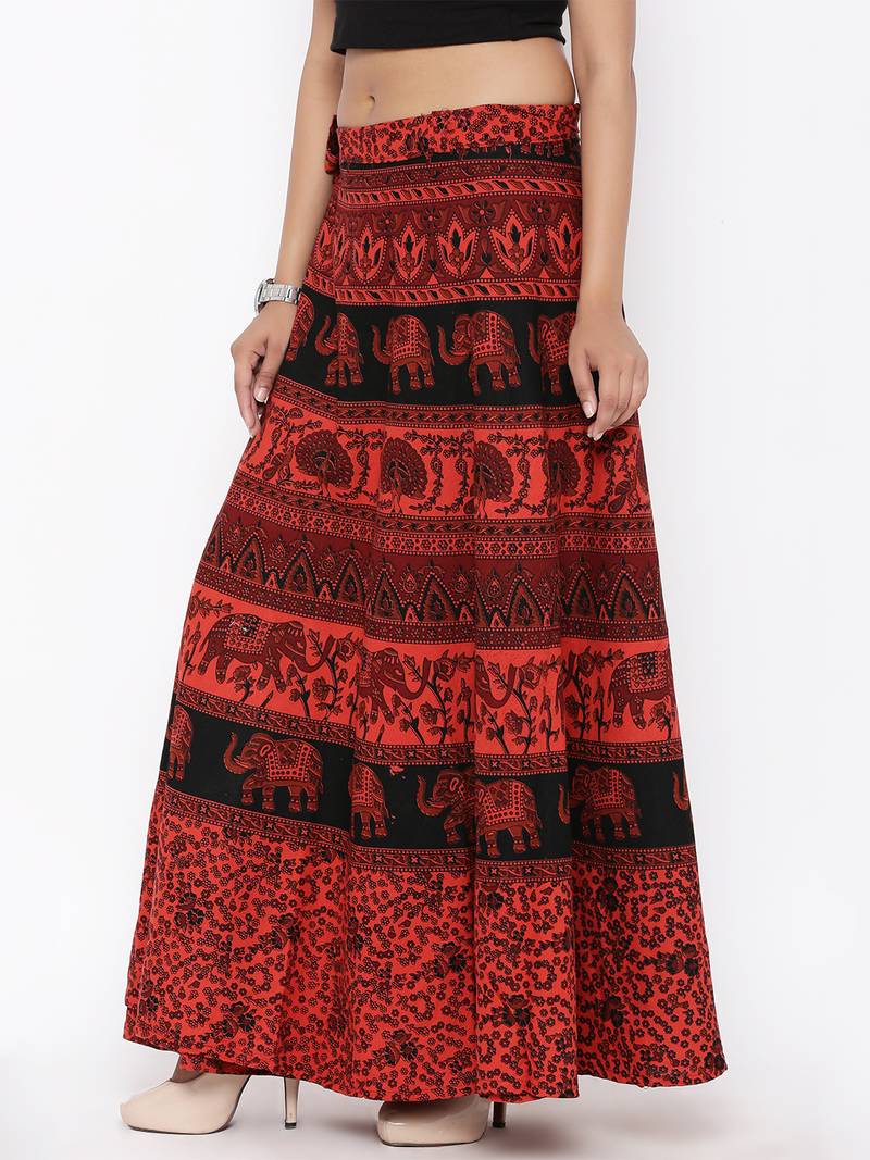 Red Cotton Printed Wrap Around Skirt