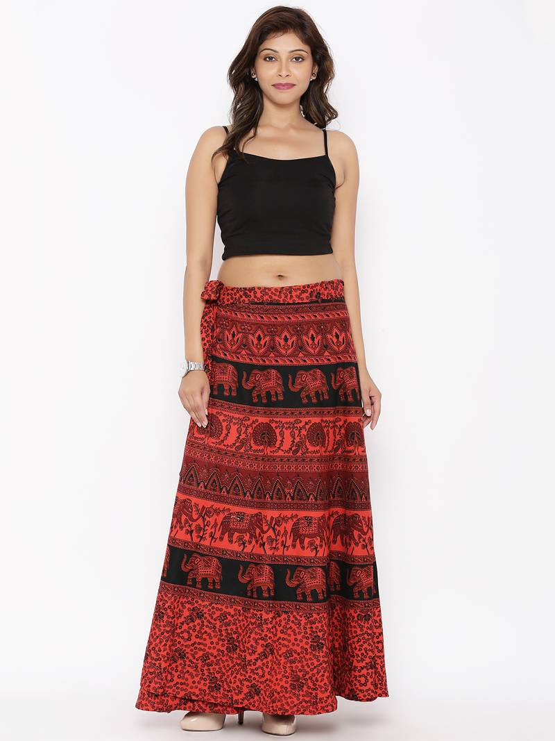 Red Cotton Printed Wrap Around Skirt