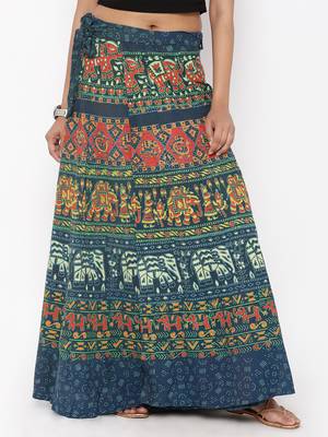 Green Cotton Printed Wrap Around Skirt 1