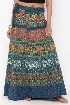 Green Cotton Printed Wrap Around Skirt