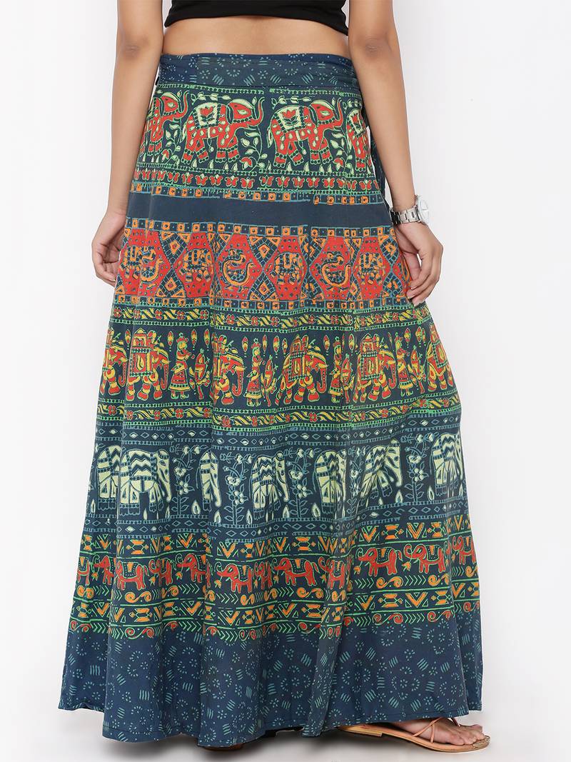 Green Cotton Printed Wrap Around Skirt