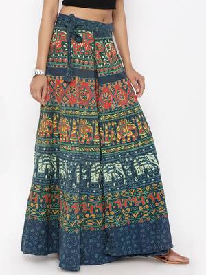 Green Cotton Printed Wrap Around Skirt 3
