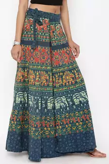 Green Cotton Printed Wrap Around Skirt