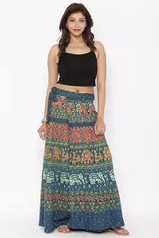 Green Cotton Printed Wrap Around Skirt