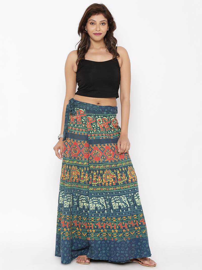 Green Cotton Printed Wrap Around Skirt