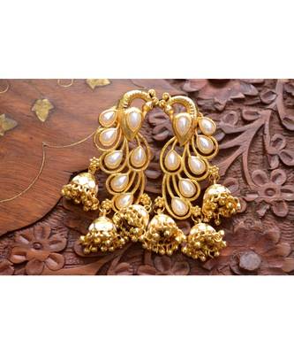 Designer Floral Peacock Meenakari Kundan Studed Onyx Stone Jhunka Earrings 2