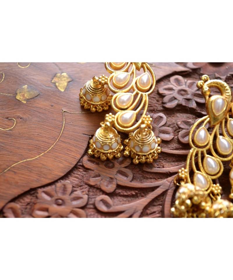 Designer Floral Peacock Meenakari Kundan Studed Onyx Stone Jhunka Earrings