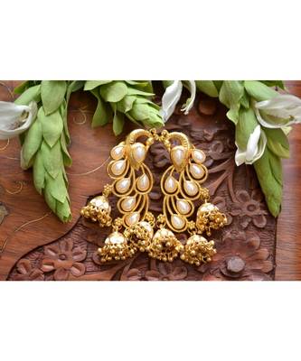 Designer Floral Peacock Meenakari Kundan Studed Onyx Stone Jhunka Earrings 1