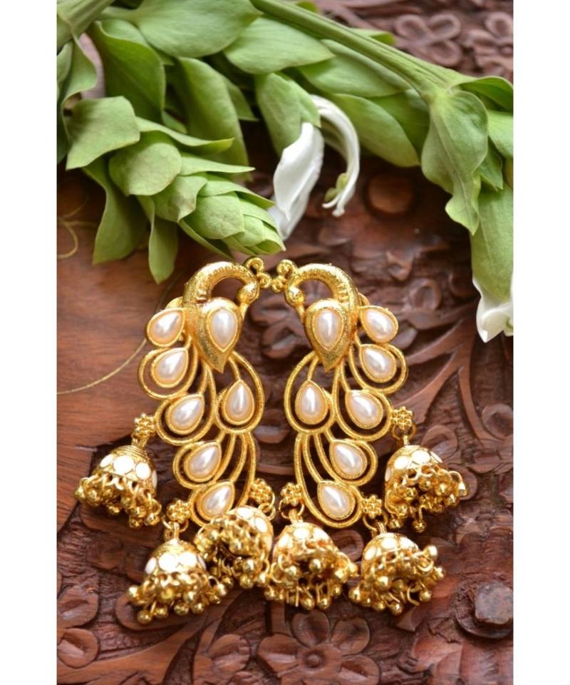Designer Floral Peacock Meenakari Kundan Studed Onyx Stone Jhunka Earrings