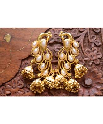 Designer Floral Peacock Meenakari Kundan Studed Onyx Stone Jhunka Earrings 3