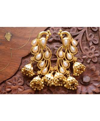 Designer Floral Peacock Meenakari Kundan Studed Onyx Stone Jhunka Earrings 4
