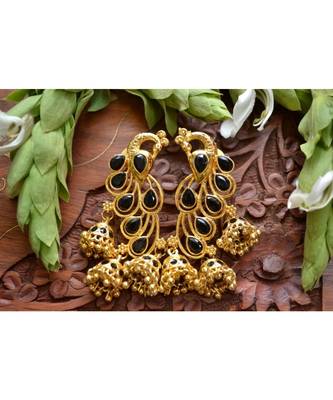 Designer Floral Peacock Meenakari Kundan Studed Onyx Stone Jhunka Earrings 1