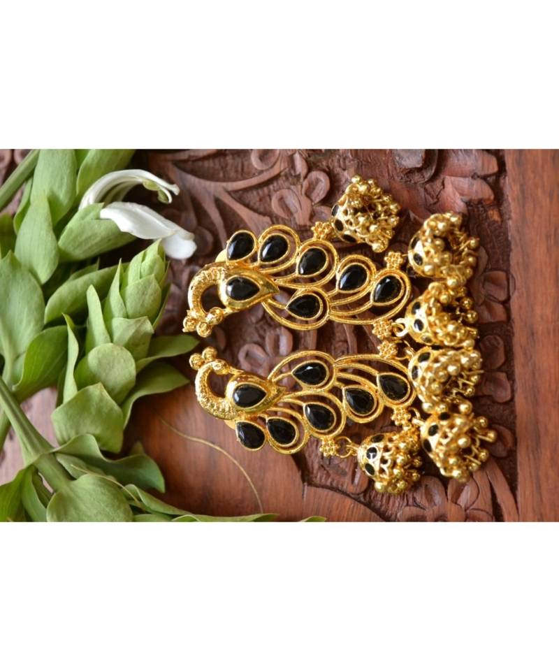 Designer Floral Peacock Meenakari Kundan Studed Onyx Stone Jhunka Earrings