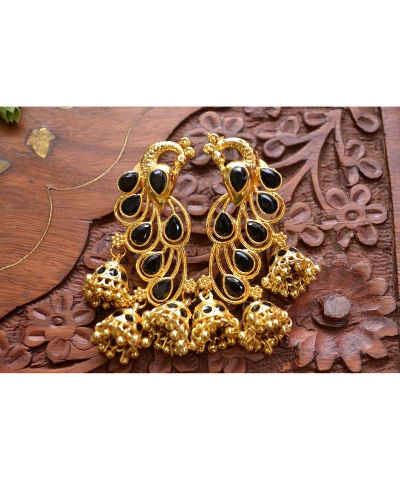 Designer Floral Peacock Meenakari Kundan Studed Onyx Stone Jhunka Earrings