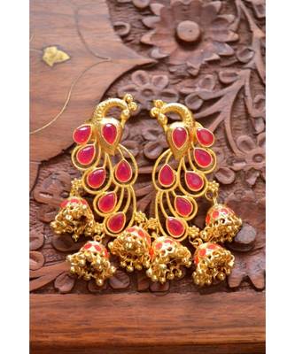 Designer Floral Peacock Meenakari Kundan Studed Onyx Stone Jhunka Earrings 1