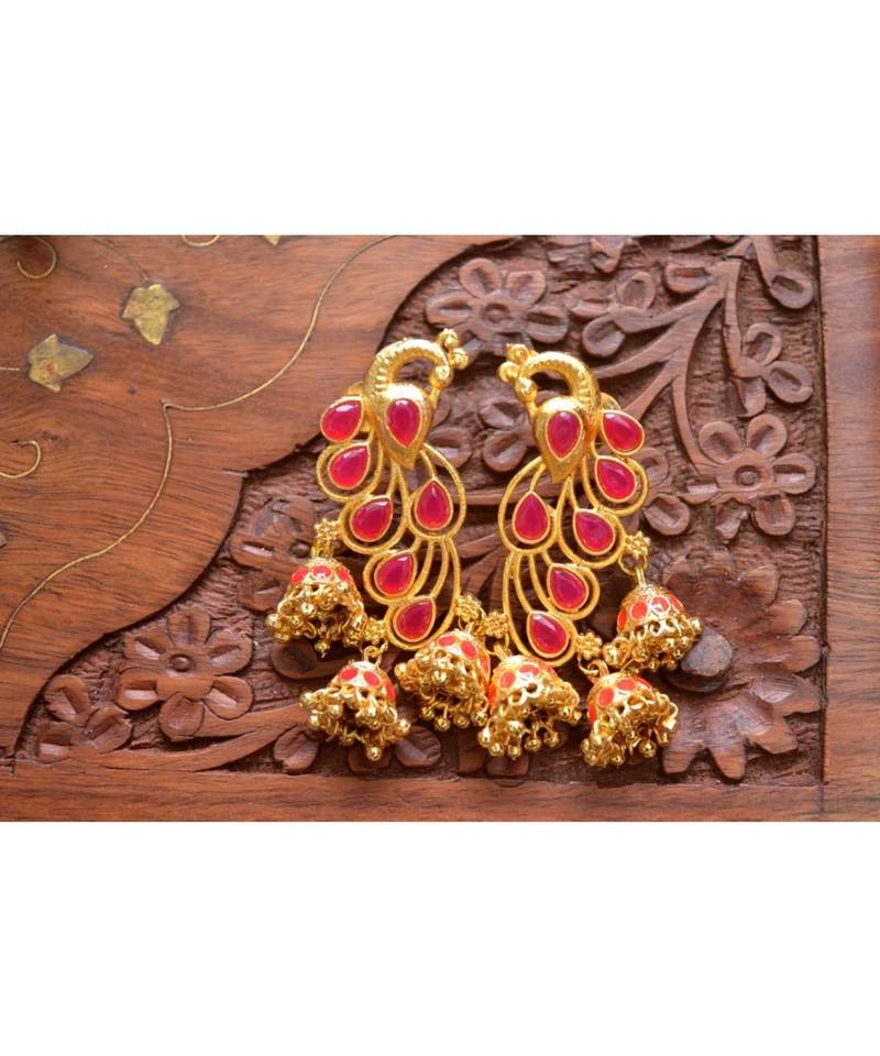 Designer Floral Peacock Meenakari Kundan Studed Onyx Stone Jhunka Earrings