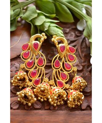 Designer Floral Peacock Meenakari Kundan Studed Onyx Stone Jhunka Earrings 3