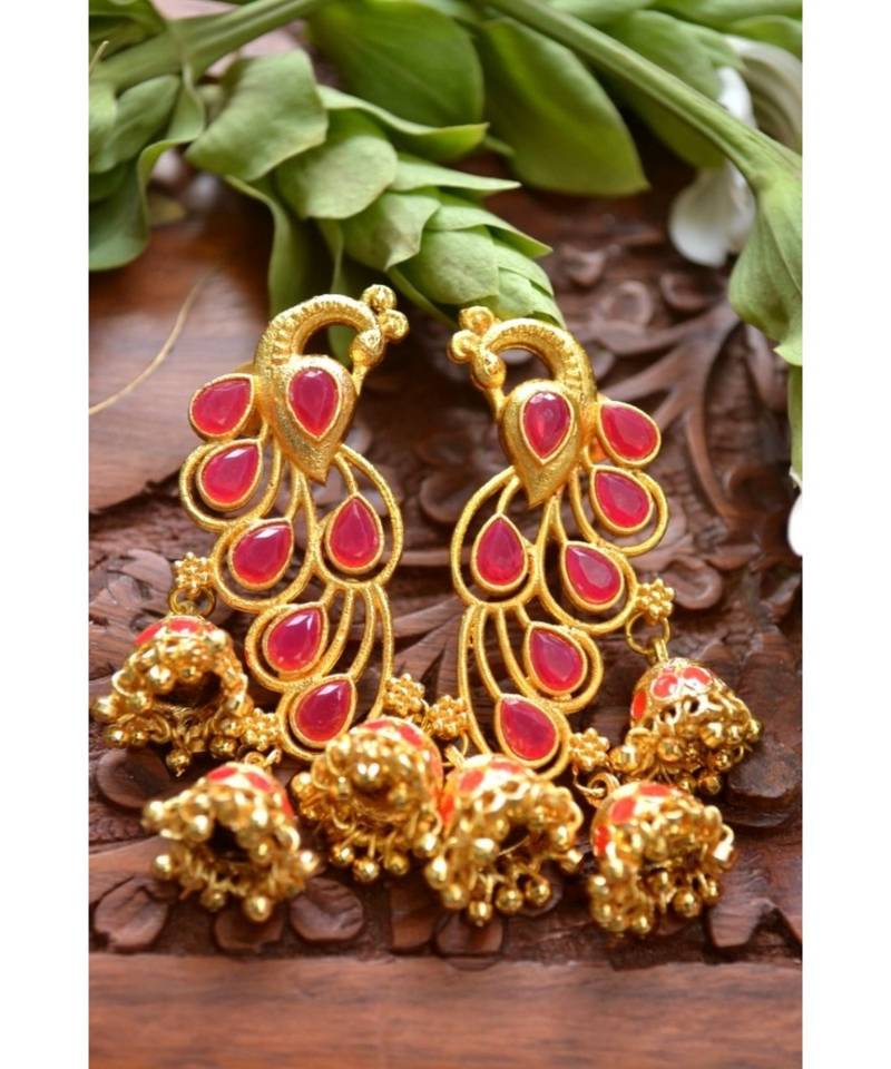 Designer Floral Peacock Meenakari Kundan Studed Onyx Stone Jhunka Earrings
