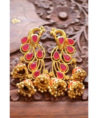 Designer Floral Peacock Meenakari Kundan Studed Onyx Stone Jhunka Earrings 4