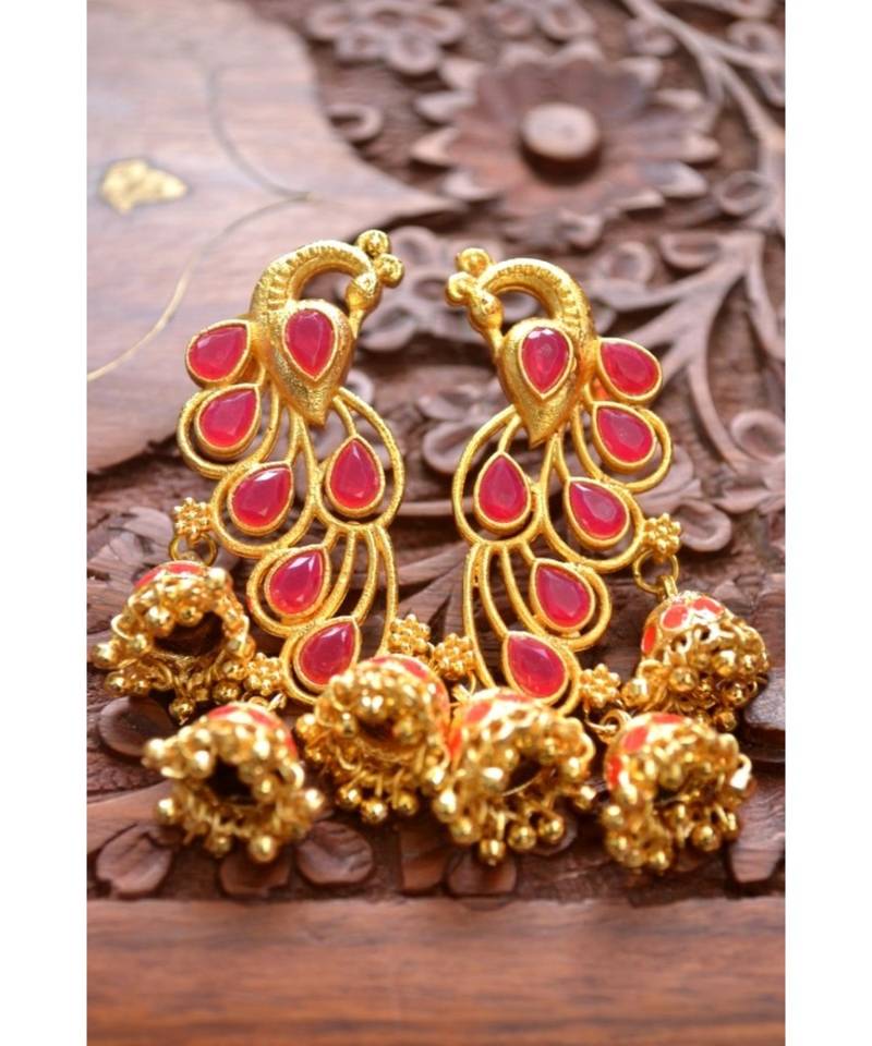 Designer Floral Peacock Meenakari Kundan Studed Onyx Stone Jhunka Earrings