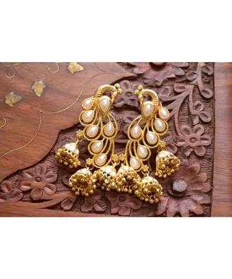 Designer Floral Peacock Meenakari Kundan Studed Onyx Stone Jhunka Earrings 1