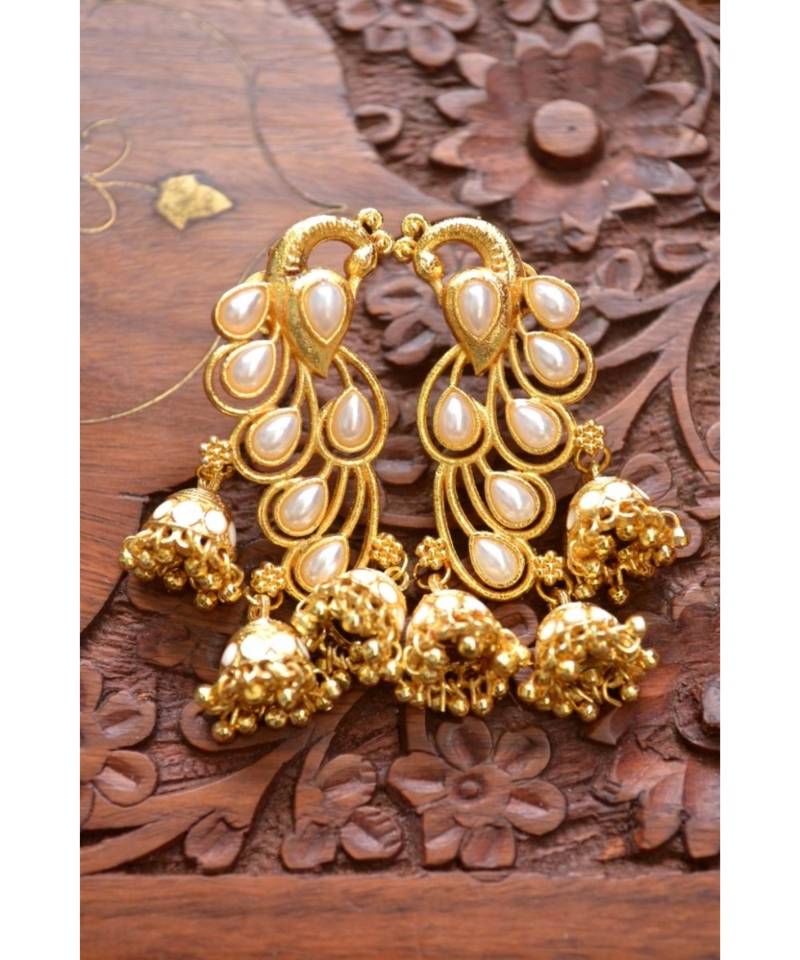 Designer Floral Peacock Meenakari Kundan Studed Onyx Stone Jhunka Earrings