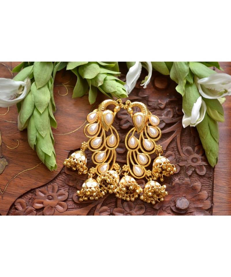 Designer Floral Peacock Meenakari Kundan Studed Onyx Stone Jhunka Earrings